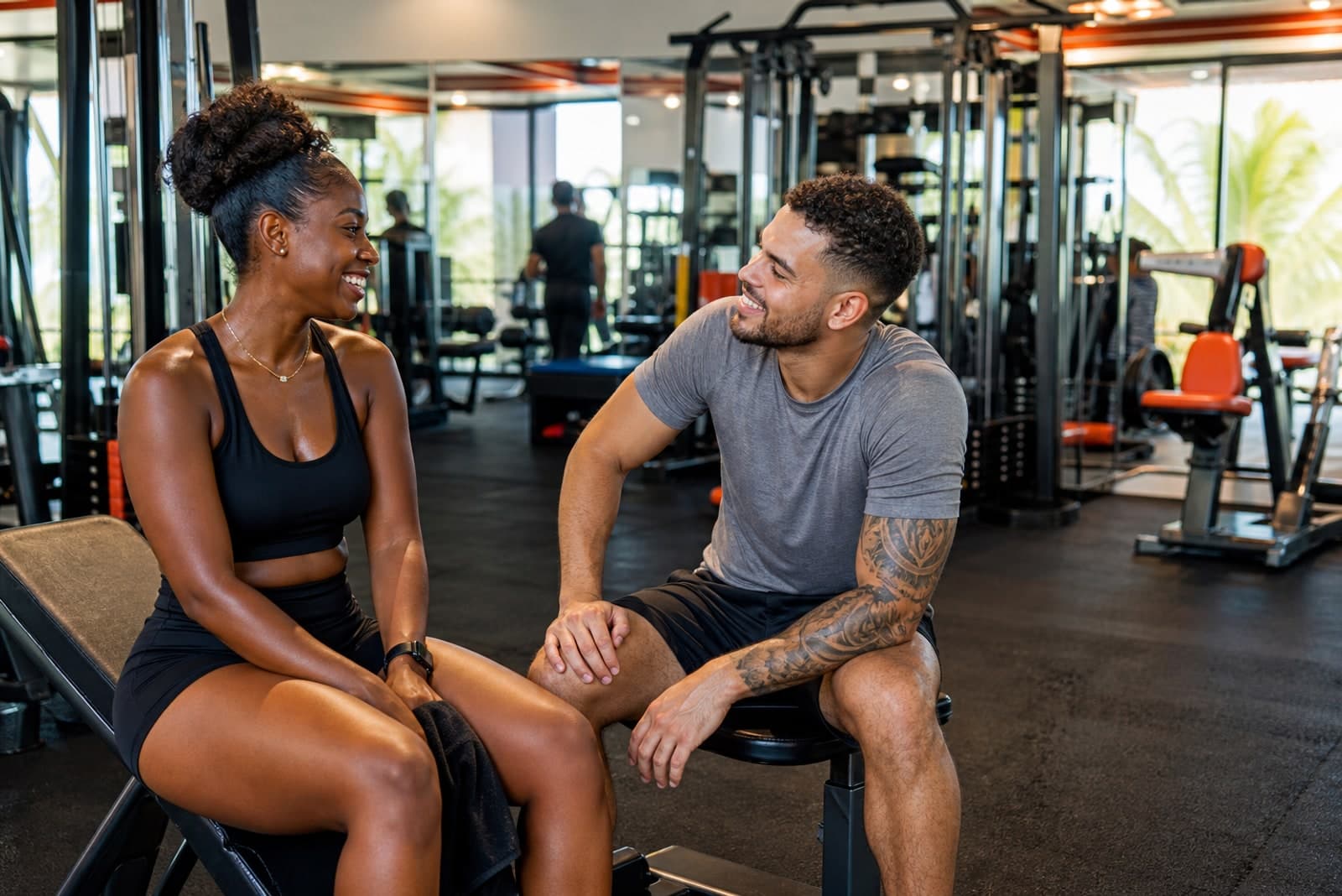 Two Caribbean training partners talking between sets in a bright commercial gym