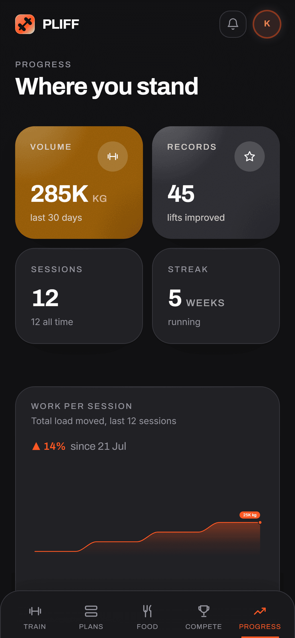 The PLIFF progress screen: 285,000kg moved in thirty days, 45 lifts improved, and total load per session up 14 per cent