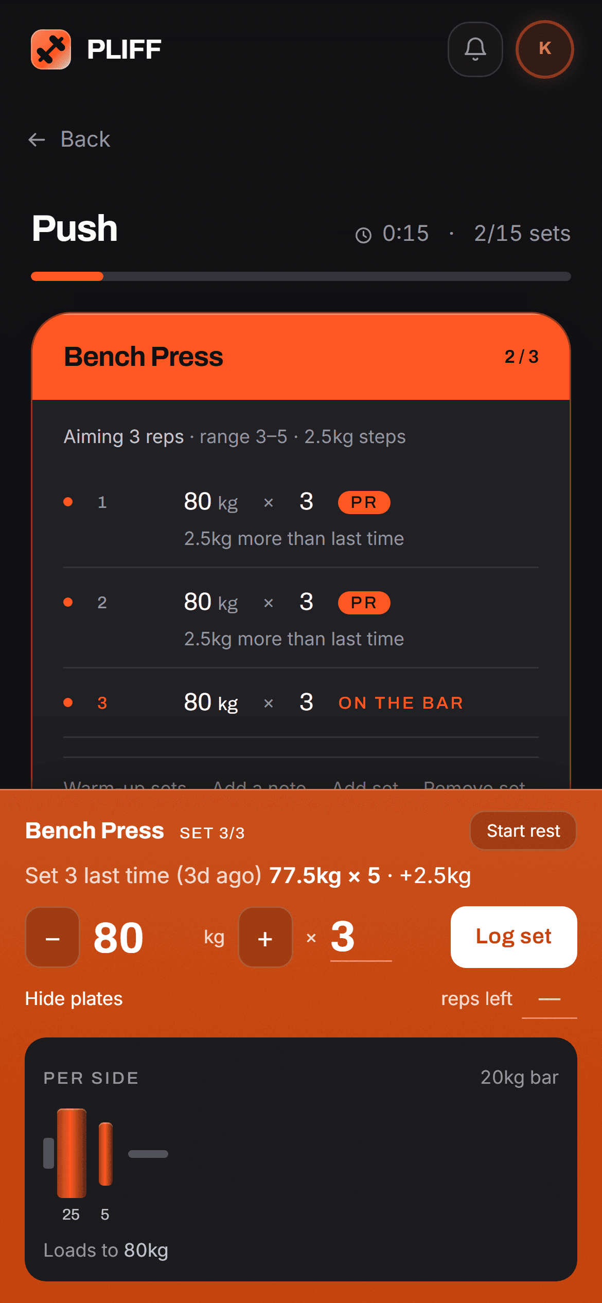 The plate calculator open in a PLIFF session: for 80kg on a 20kg bar it shows a 25 and a 5 per side, and confirms the bar loads to 80kg