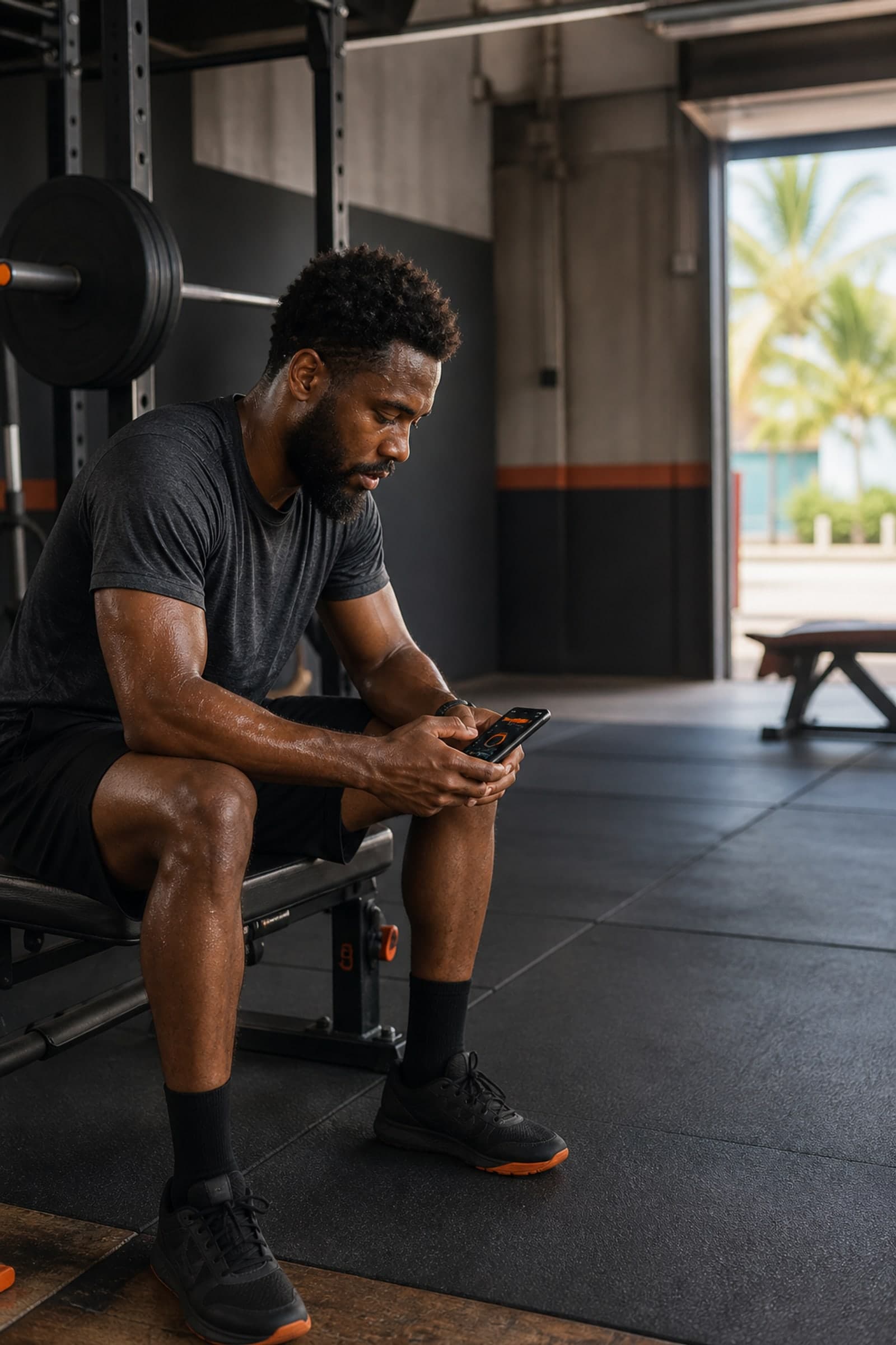 A Caribbean lifter checking training progress on a phone after a set