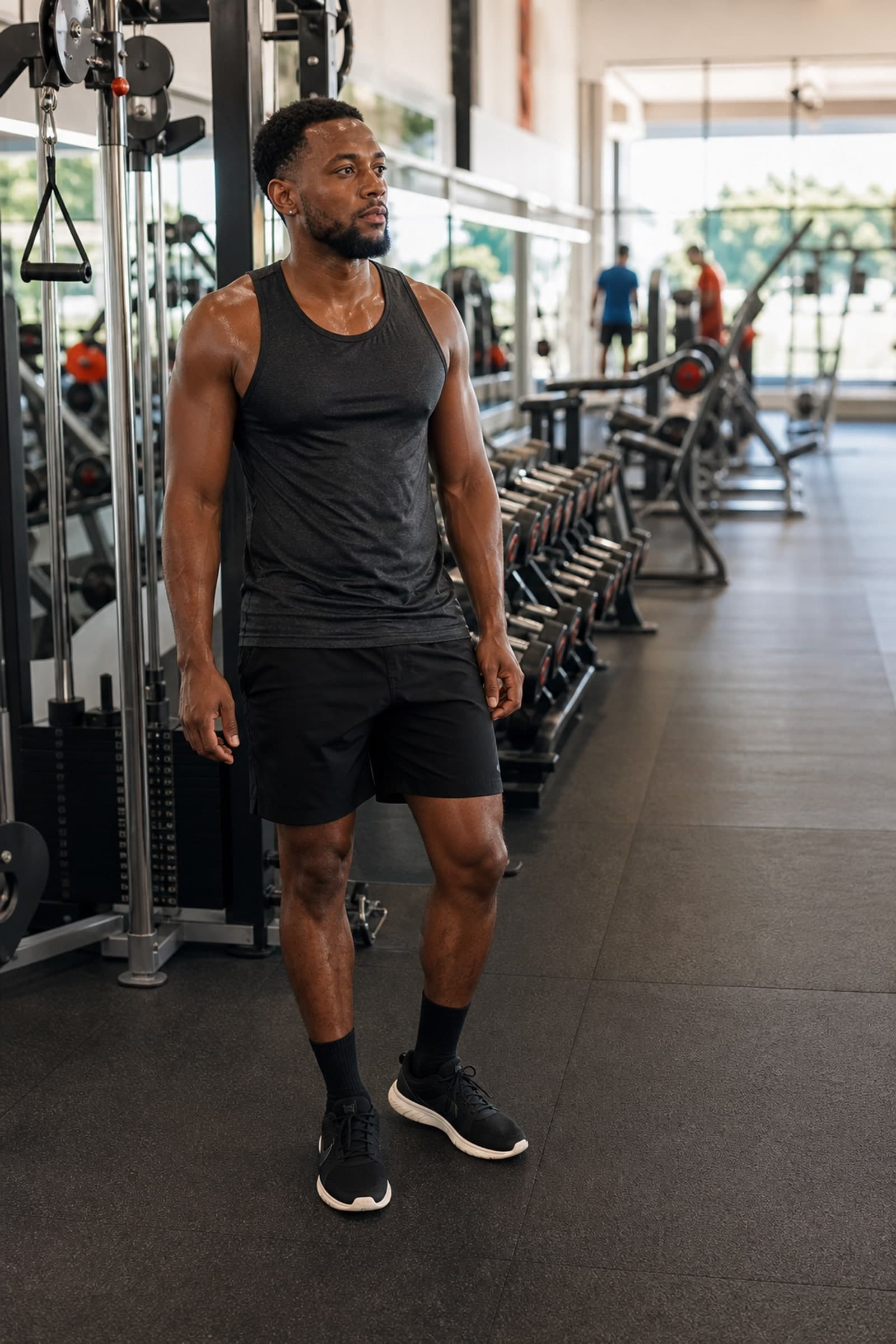 A Caribbean lifter taking a pause between sets beside a commercial gym cable station