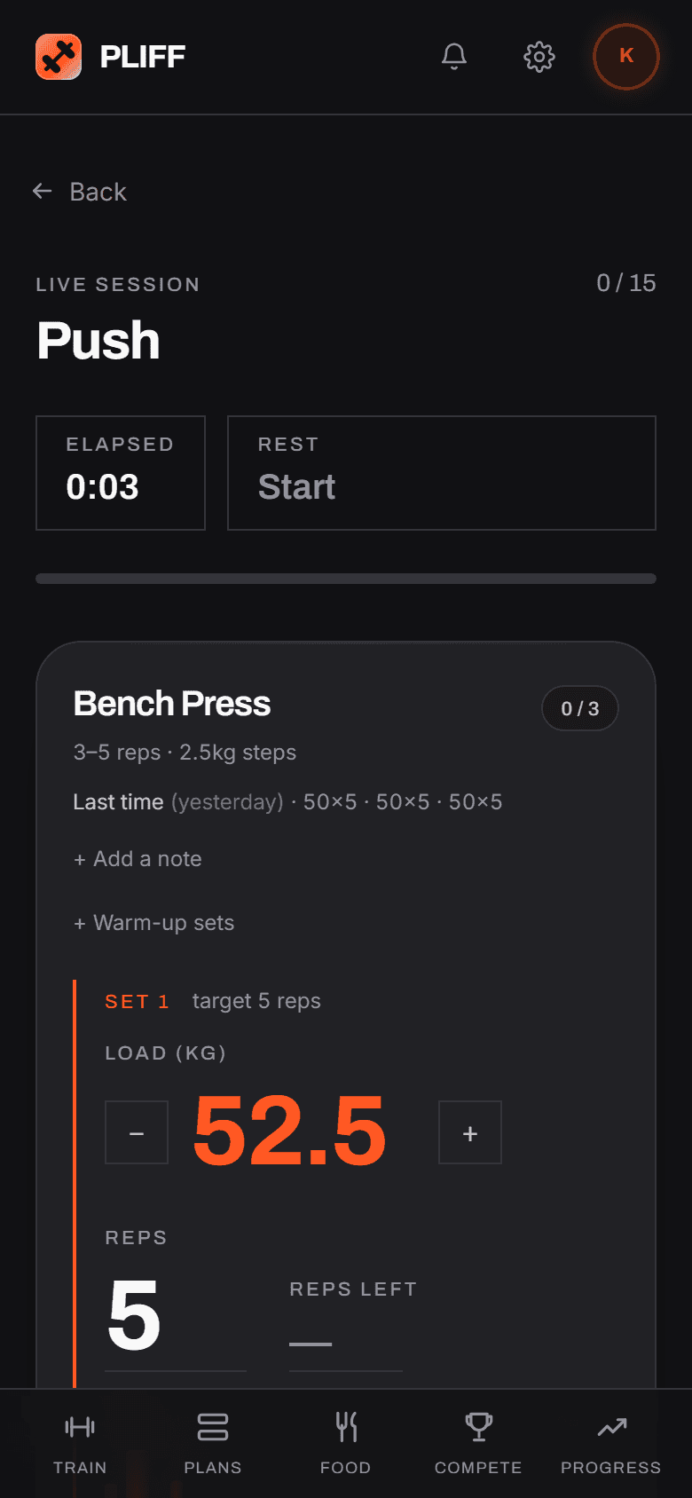 A live workout in PLIFF: Bench Press with last session's numbers shown, and the next set already loaded with the weight chosen for you